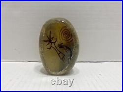 Richard Satava Art Glass Paperweight Petroglyph with Kokopelli. Etched Signature