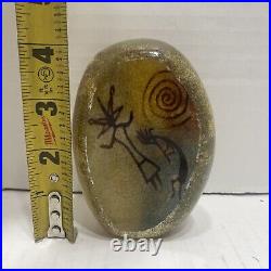 Richard Satava Art Glass Paperweight Petroglyph with Kokopelli. Etched Signature