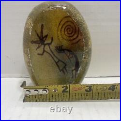 Richard Satava Art Glass Paperweight Petroglyph with Kokopelli. Etched Signature