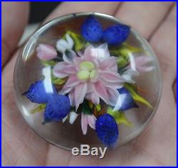 Rick Ayotte Studio Art Glass Paperweight M-32'89 Pink and Blue Flowers NICE