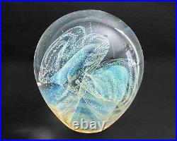 Robert Eickholt 3 x 3.25 Iridescent Dichroic Blue Art Glass Paperweight 1984