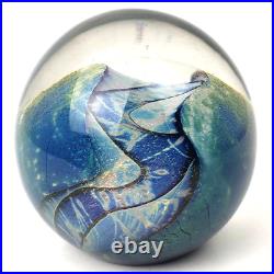 Robert Eickholt Blue Iridescent Abstract Art Glass Paperweight 1988 Signed 2.5