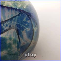 Robert Eickholt Blue Iridescent Abstract Art Glass Paperweight 1988 Signed 2.5