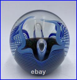 Robert Eickholt Large Hand Blown Art Glass Blue Iridescent Dichoric Paperweight