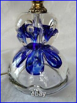 SIGNED JOE ZIMMERMAN PAPERWEIGHT Art Glass Lamp CONTROLLED BUBBLES BLUE FLOWERS