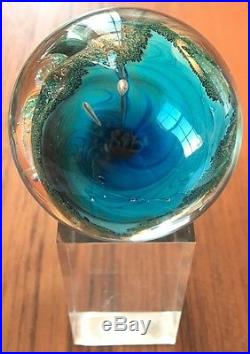 SIGNED JOSH SIMPSON INHABITED PLANET ART GLASS MARBLE PAPERWEIGHT with STAND