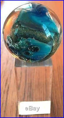 SIGNED JOSH SIMPSON INHABITED PLANET ART GLASS MARBLE PAPERWEIGHT with STAND