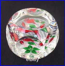 ST. LOUIS ART GLASS PAPERWEIGHT, 1976, RED FLOWERS ON LATTICINIO, FACETED, 3DIA