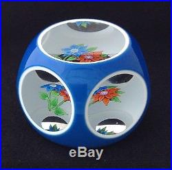 ST. LOUIS ART GLASS PAPERWEIGHT, WHITE BLUE OVERLAY, FACETED, FLOWERS, 1975, 3D