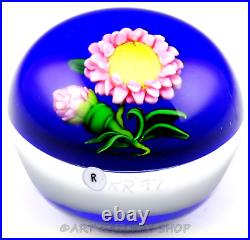 STUNNING 1997 KEN ROSENFELD Art Glass Paperweight COBALT BLUE GROUND & FLOWERS