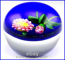 STUNNING 1997 KEN ROSENFELD Art Glass Paperweight COBALT BLUE GROUND & FLOWERS