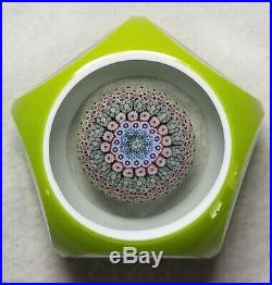 Saint Louis Paperweight Faceted Green Overlay Millefiori Mushroom WithLabel