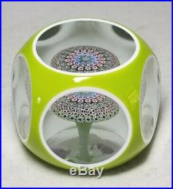 Saint Louis Paperweight Faceted Green Overlay Millefiori Mushroom WithLabel