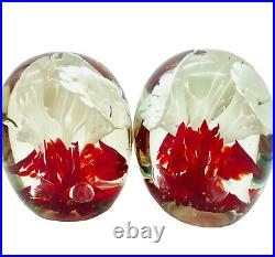 Set 2 VTG Art Glass Paperweight White Red Flower Controlled Bubble Bookends