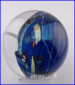 Shawn Messenger 1999 Blue Dichroic Graphic Evolution Glass Paperweight