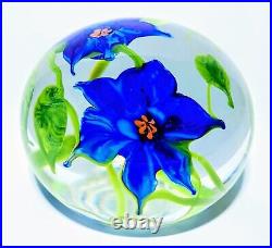 Signed 1982 Richard Olma Studio Art Glass Cased Floral Paperweight Blue Blossoms