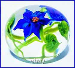 Signed 1982 Richard Olma Studio Art Glass Cased Floral Paperweight Blue Blossoms