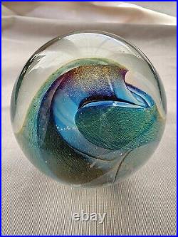 Signed 1986 Robert Eickholt Iridescent Blue/green 3.5 Art Glass Paperweight Exc