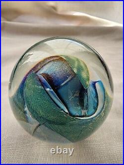 Signed 1986 Robert Eickholt Iridescent Blue/green 3.5 Art Glass Paperweight Exc