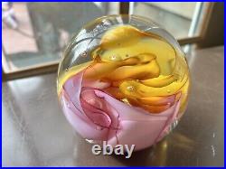 Signed 3.5 Stephen Kitras Art Glass Paperweight Orb 2002 Stunning Pink Yellow