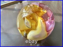 Signed 3.5 Stephen Kitras Art Glass Paperweight Orb 2002 Stunning Pink Yellow