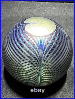 Signed Correia Paperweight Iridescent Blue Gold Peacock Feather 1979 #p. 1.81.1