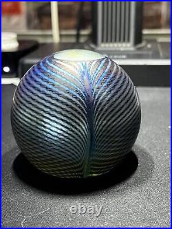 Signed Correia Paperweight Iridescent Blue Gold Peacock Feather 1979 #p. 1.81.1