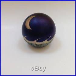 Signed Correia art glass paperweight deep iridescent blue with metallic moon