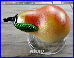 Signed Lundberg Studios Art Glass Iridescent Tilt Pear on Base Paperweight 1993