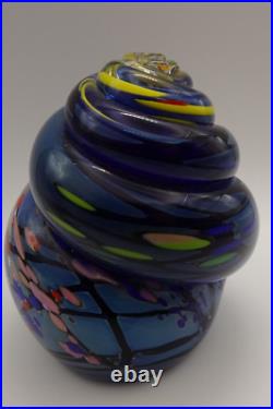 Signed Rollin Karg Dichroic Blue Studio Art Glass Spiral Paperweight