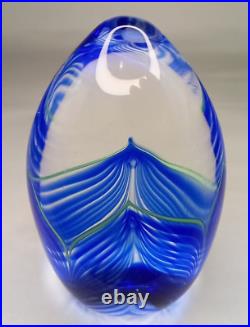 Signed Sherman Studio Art Glass Paperweight Blue & Green Pulled Feather Perfect