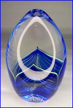 Signed Sherman Studio Art Glass Paperweight Blue & Green Pulled Feather Perfect