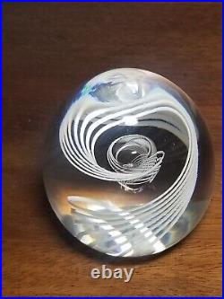 Signed Steuben George Thompson Design White Swirl Glass Paperweight With Bubble