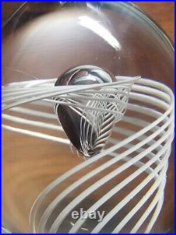 Signed Steuben George Thompson Design White Swirl Glass Paperweight With Bubble
