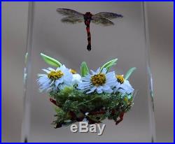 Spectacular PAUL J. STANKARD Tall BLOCK Art Glass PAPERWEIGHT Dragonfly & MASK