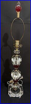 St. Clair Paperweight Floral Art Glass Lamp Ruby Red & Clear With Etched Base