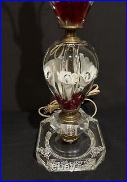 St. Clair Paperweight Floral Art Glass Lamp Ruby Red & Clear With Etched Base