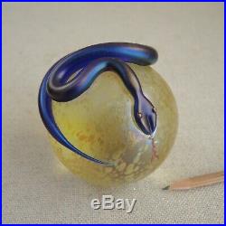 Steven Correia Art Glass Iridescent Snake Paperweight Serpent Orb Aurene Cobalt