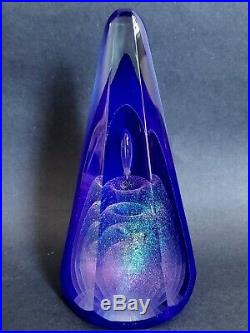 Stuart Abelman Geode Iridescent Art Glass Paperweight Pyramid Cobalt Blue Signed