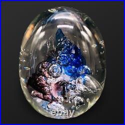 Studio Art Glass PAPERWEIGHT Egg Shaped Bubbles Swirl Purple Blue Signed Thie 4