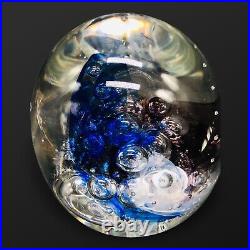 Studio Art Glass PAPERWEIGHT Egg Shaped Bubbles Swirl Purple Blue Signed Thie 4
