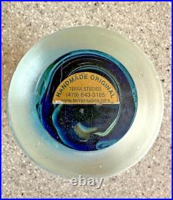 TERRA STUDIOS (mostly)blue swirl paperweight, 2 5/8 withsome green, purple & more
