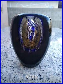 TIM LAZER Signed Glass Blue and Iridescent Gold Paperweight, from early 2000's