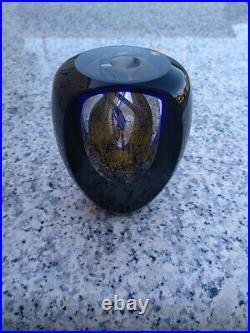 TIM LAZER Signed Glass Blue and Iridescent Gold Paperweight, from early 2000's