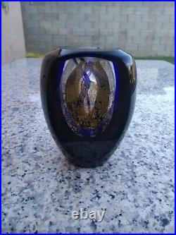 TIM LAZER Signed Glass Blue and Iridescent Gold Paperweight, from early 2000's