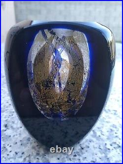 TIM LAZER Signed Glass Blue and Iridescent Gold Paperweight, from early 2000's