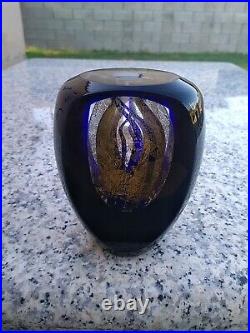 TIM LAZER Signed Glass Blue and Iridescent Gold Paperweight, from early 2000's