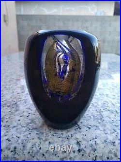 TIM LAZER Signed Glass Blue and Iridescent Gold Paperweight, from early 2000's