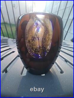 TIM LAZER Signed Glass Blue and Iridescent Gold Paperweight, from early 2000's