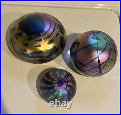 Three Iridescent Anton Intaglio Orb Art Glass Paperweight Susan Anton Carr